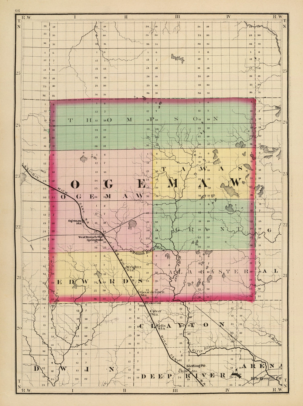 Vintage Map of Ogemaw County, Michigan 1873 print style example