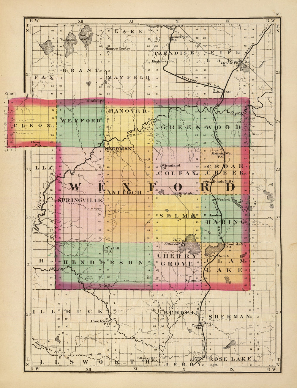 Vintage Map of Wexford County, Michigan 1873 print style example