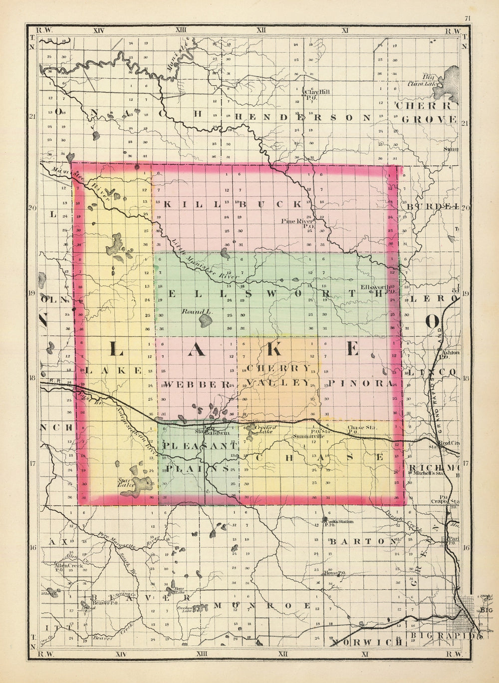 Vintage Map of Lake County, Michigan 1873 print style example