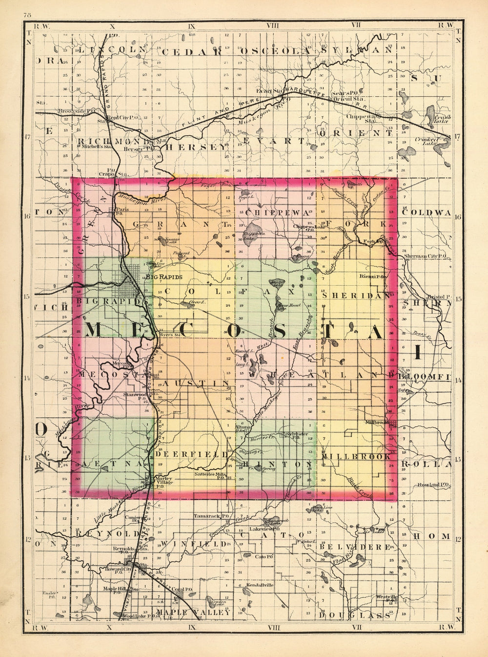 Vintage Map of Mecosta County, Michigan 1873 print style example