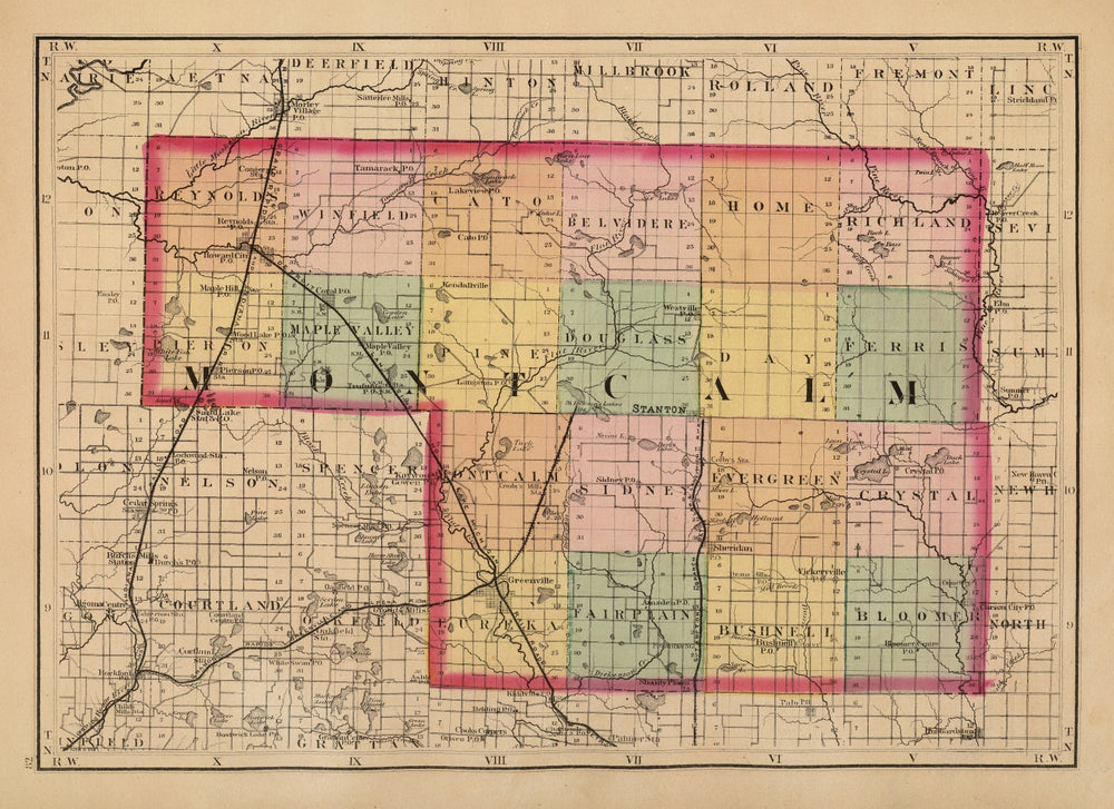 Vintage Map of Montcalm County, Michigan 1873 print style example