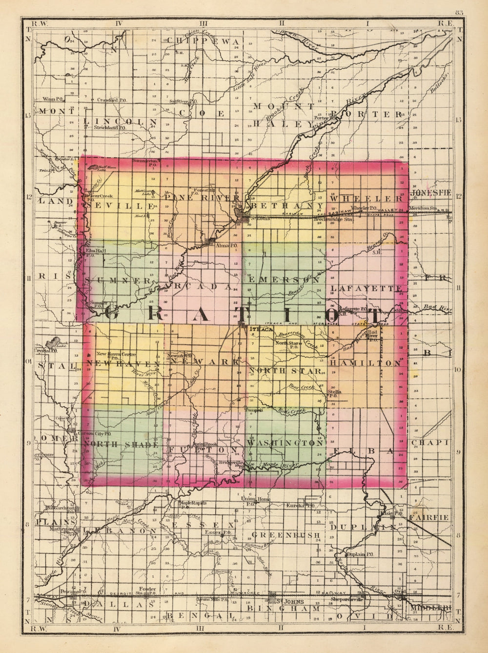 Vintage Map of Gratiot County, Michigan 1873 print style example