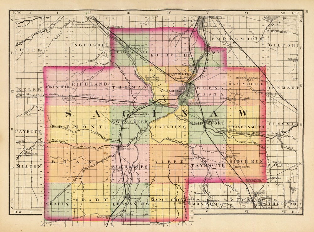 Vintage Map of Saginaw County, Michigan 1873 print style example