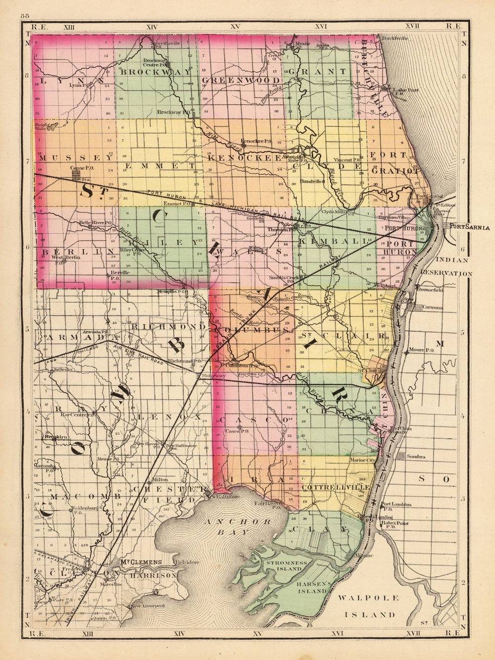 Vintage Map of St. Clair County, Michigan 1873 print style example