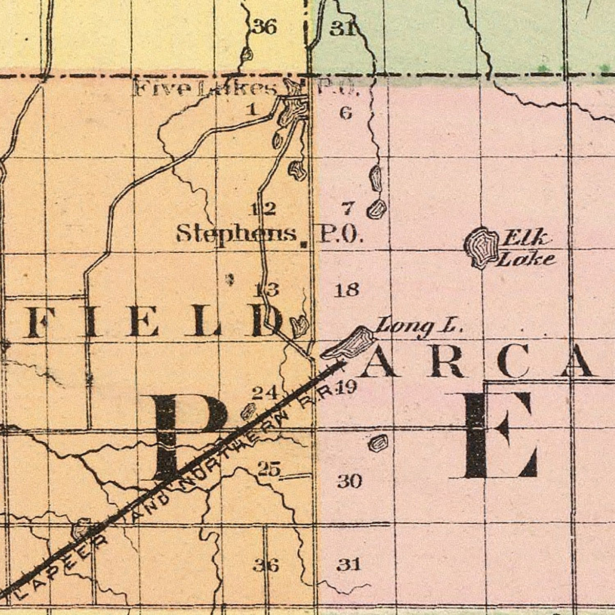 Restored historic details from the 1873 county map of Lapeer County, Michigan