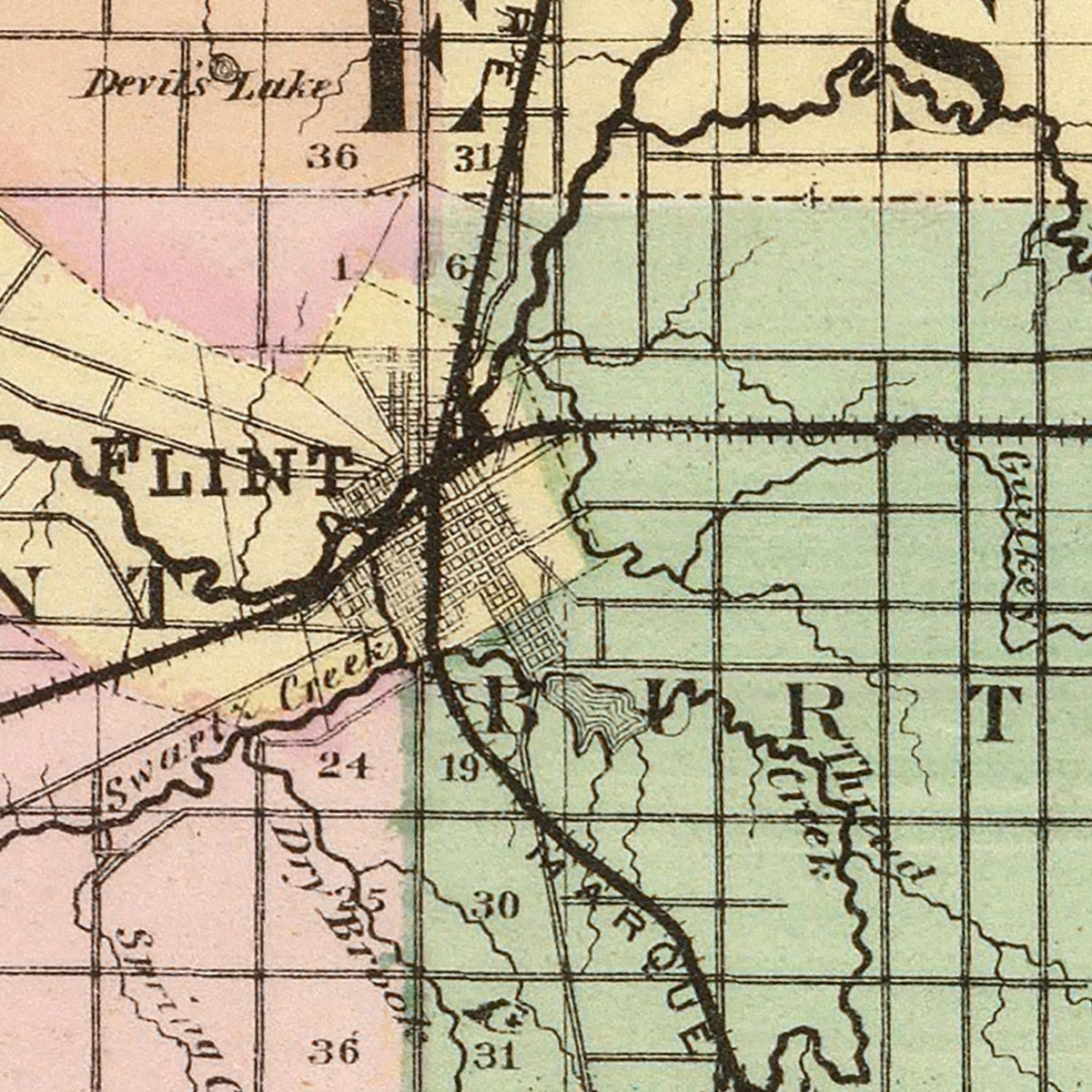 Restored historic details from the 1873 county map of Genesee County, Michigan