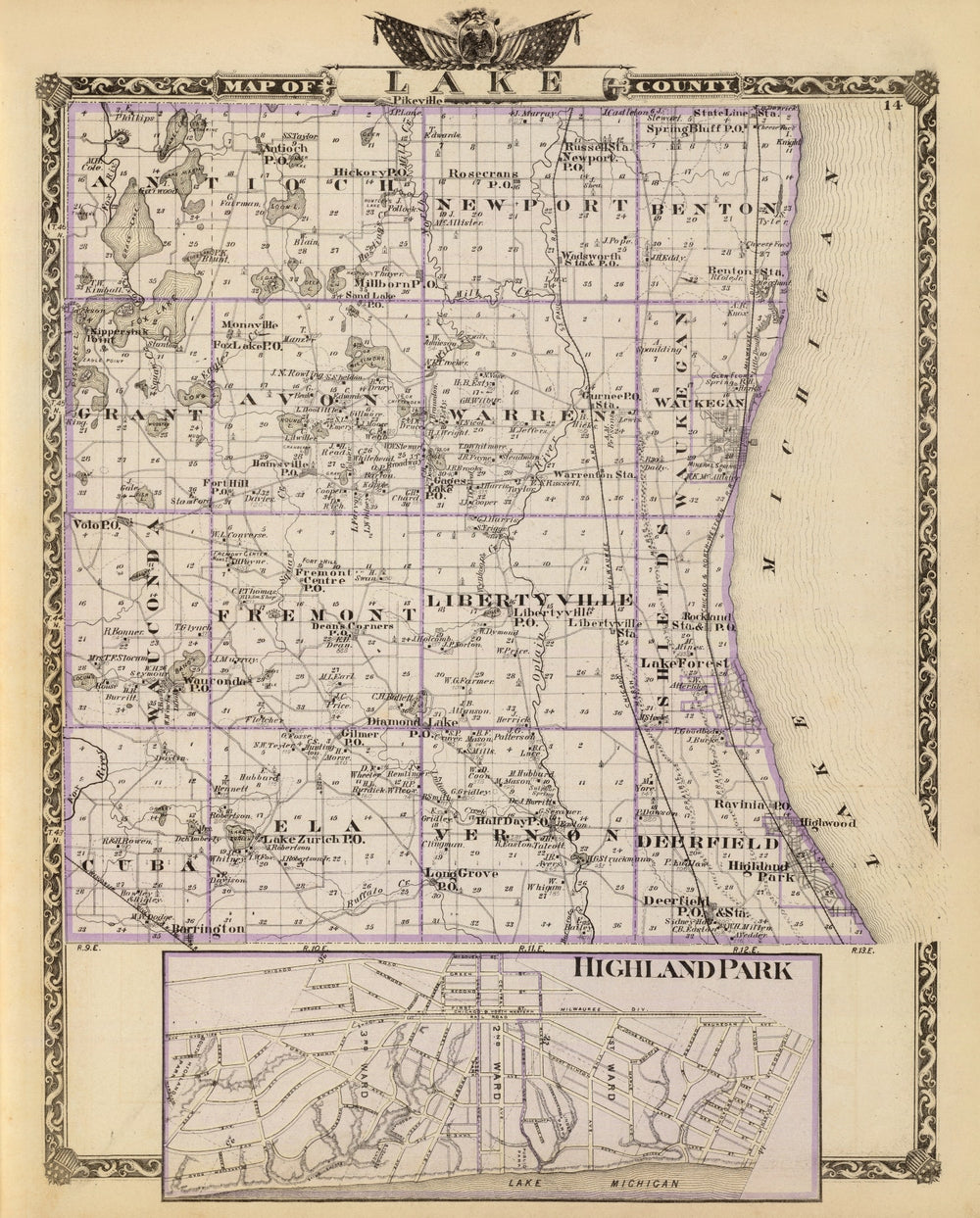 Vintage Map of Lake County, Illinois 1876 print style example