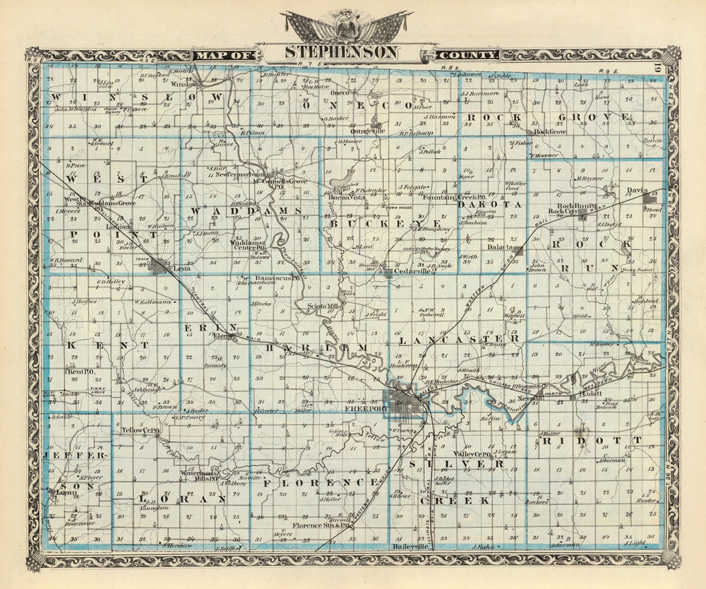Vintage Map of Stephenson County, Illinois 1876 print style example