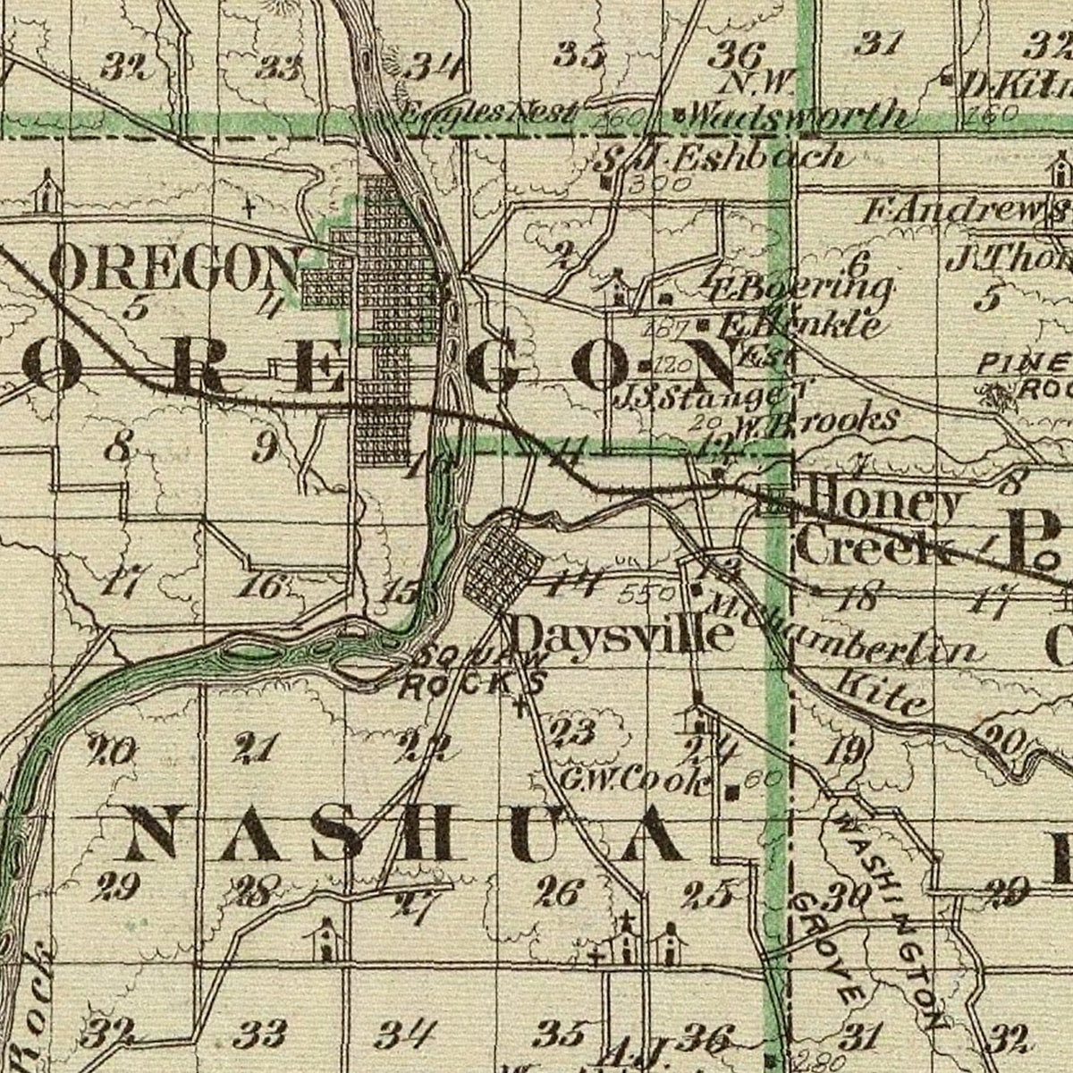 Restored historic details from the 1876 county map of Ogle County, Illinois