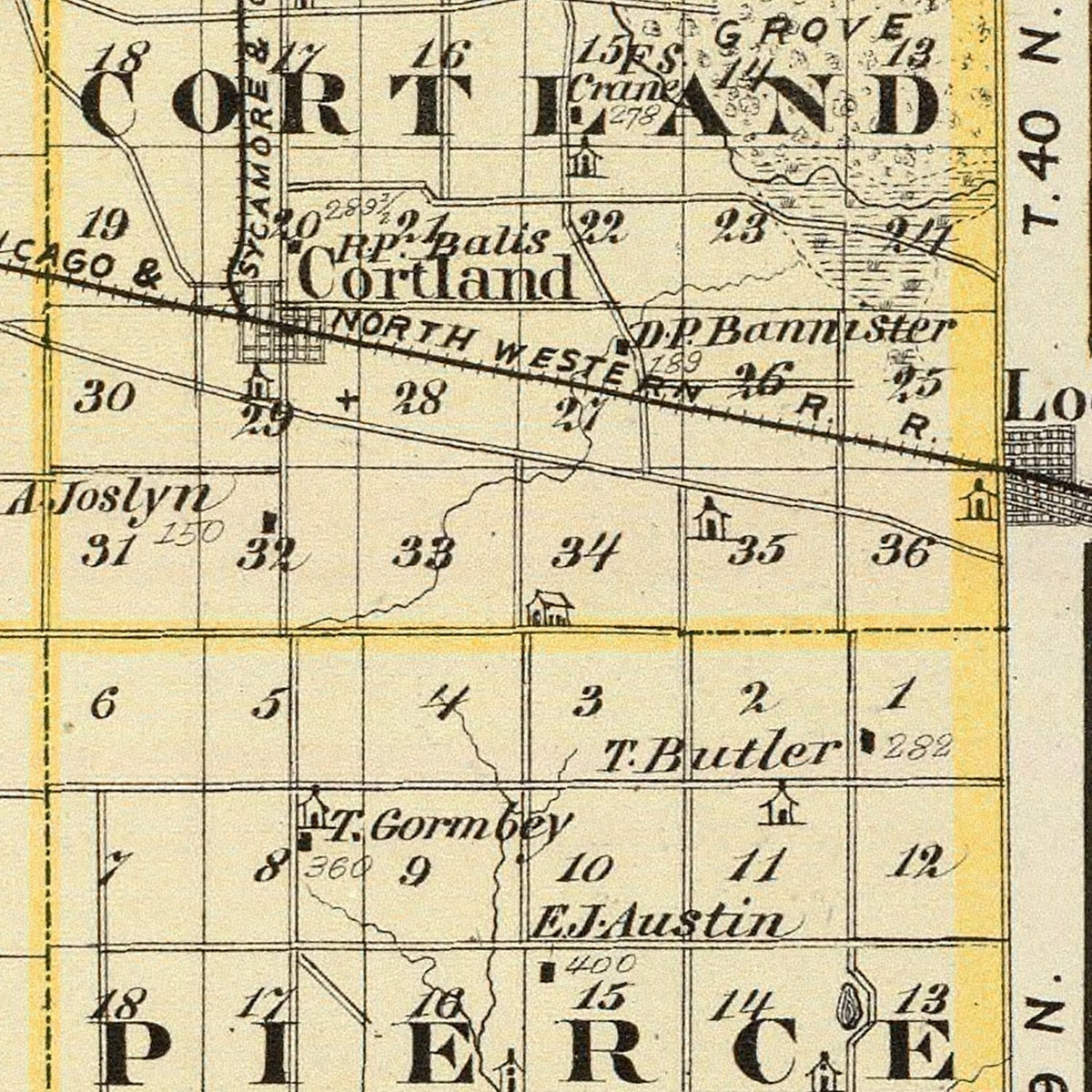 Restored historic details from the 1876 county map of Dekalb County, Illinois