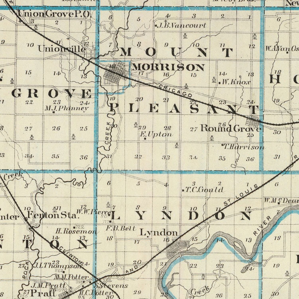 Restored historic details from the 1876 county map of Whiteside County, Illinois