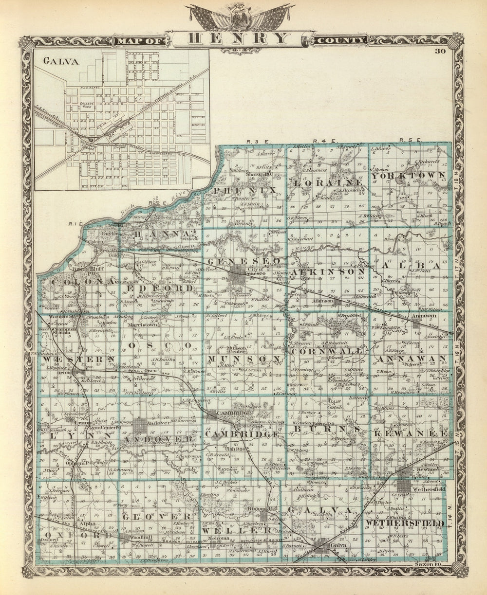 Vintage Map of Henry County, Illinois 1876 print style example