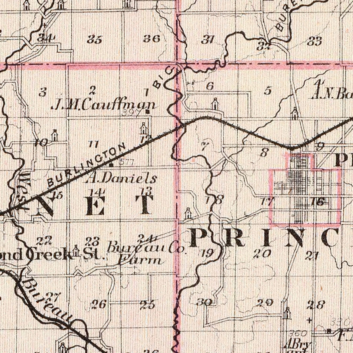 Restored historic details from the 1876 county map of Bureau County, Illinois