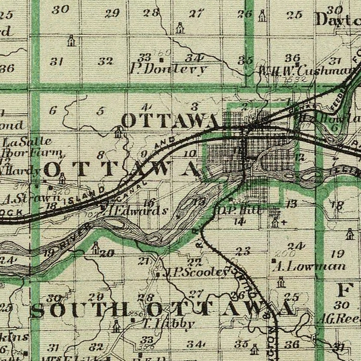 Restored historic details from the 1876 county map of La Salle County, Illinois