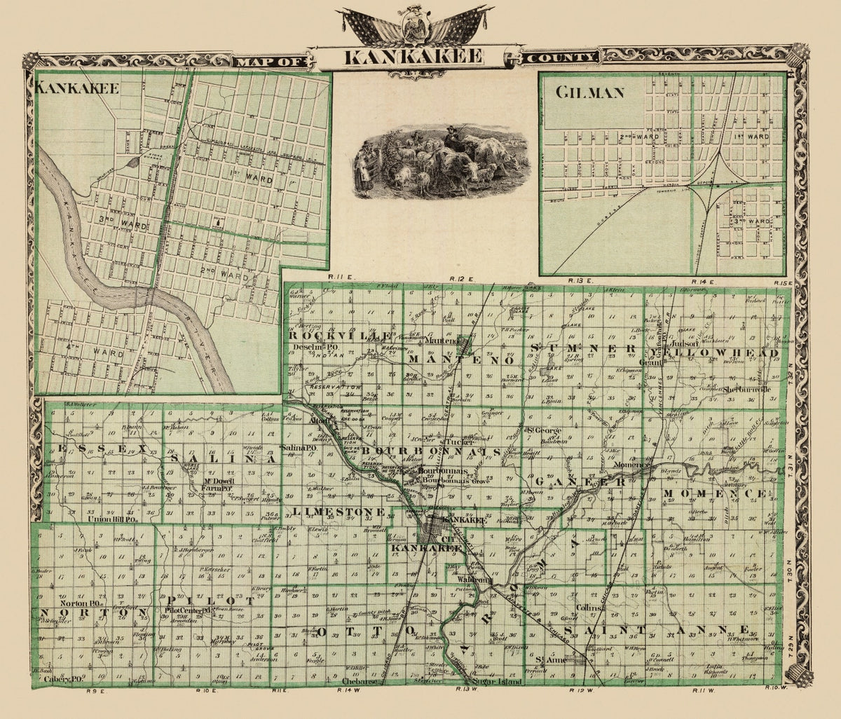 Preview of Vintage Map of Kankakee County, Illinois 1876