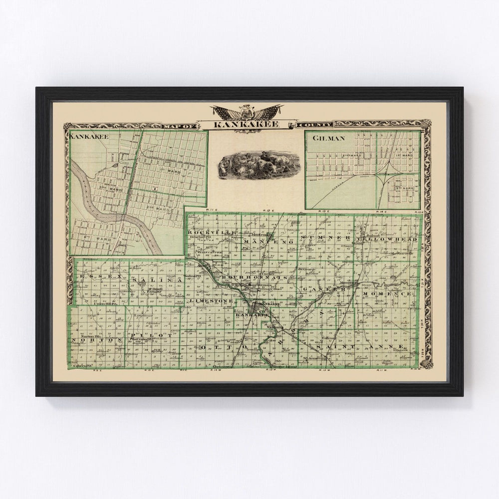 Kankakee County Vintage Map 1876