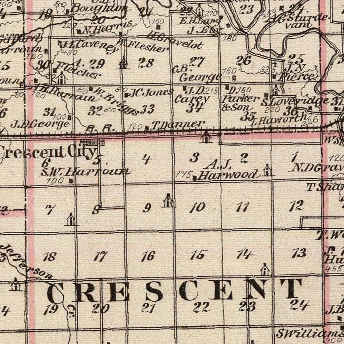 Restored historic details from the 1876 county map of Iroquois County, Illinois