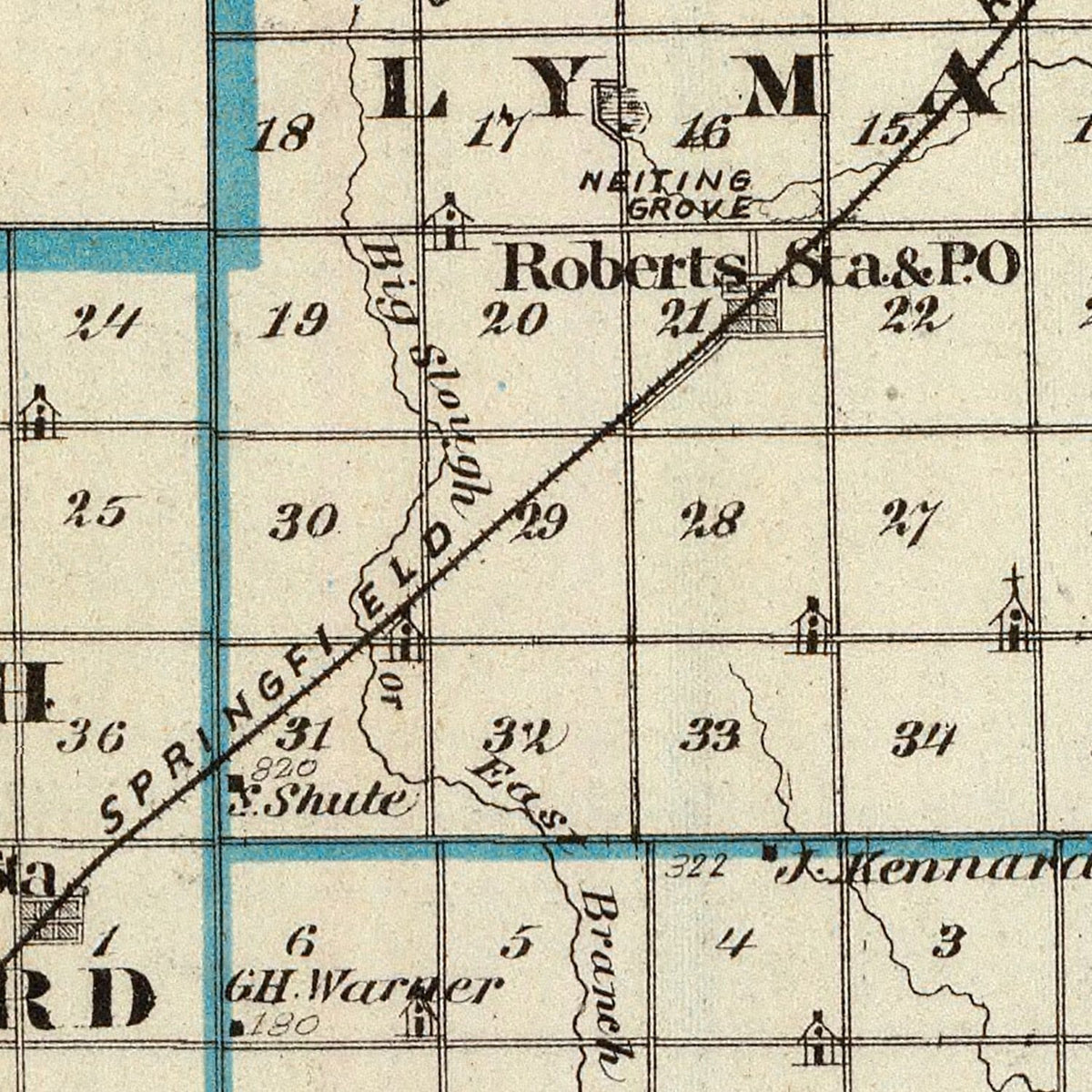 Restored historic details from the 1876 county map of Ford County, Illinois