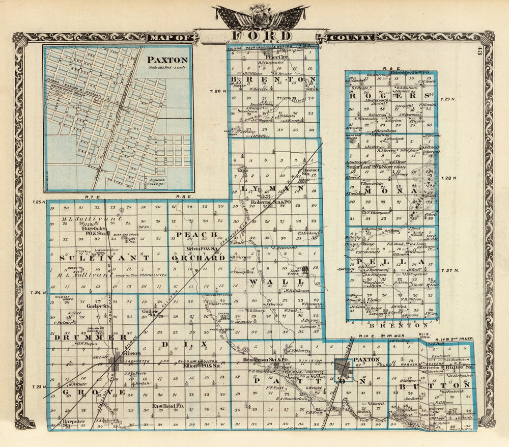 Vintage Map of Ford County, Illinois 1876 print style example