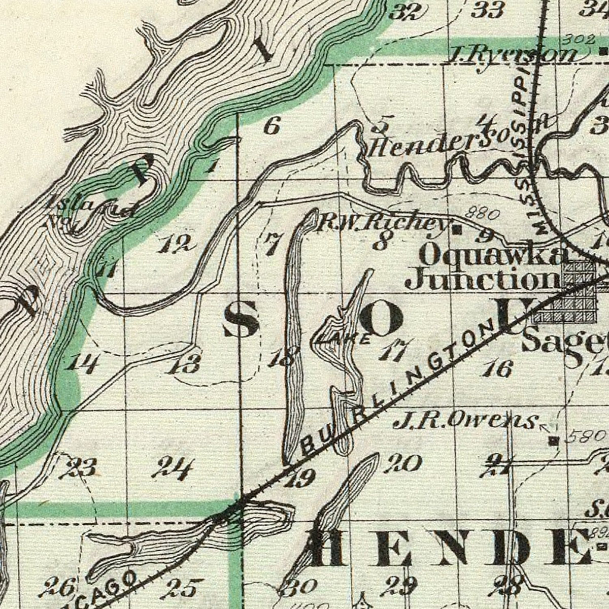 Restored historic details from the 1876 county map of Henderson County, Illinois