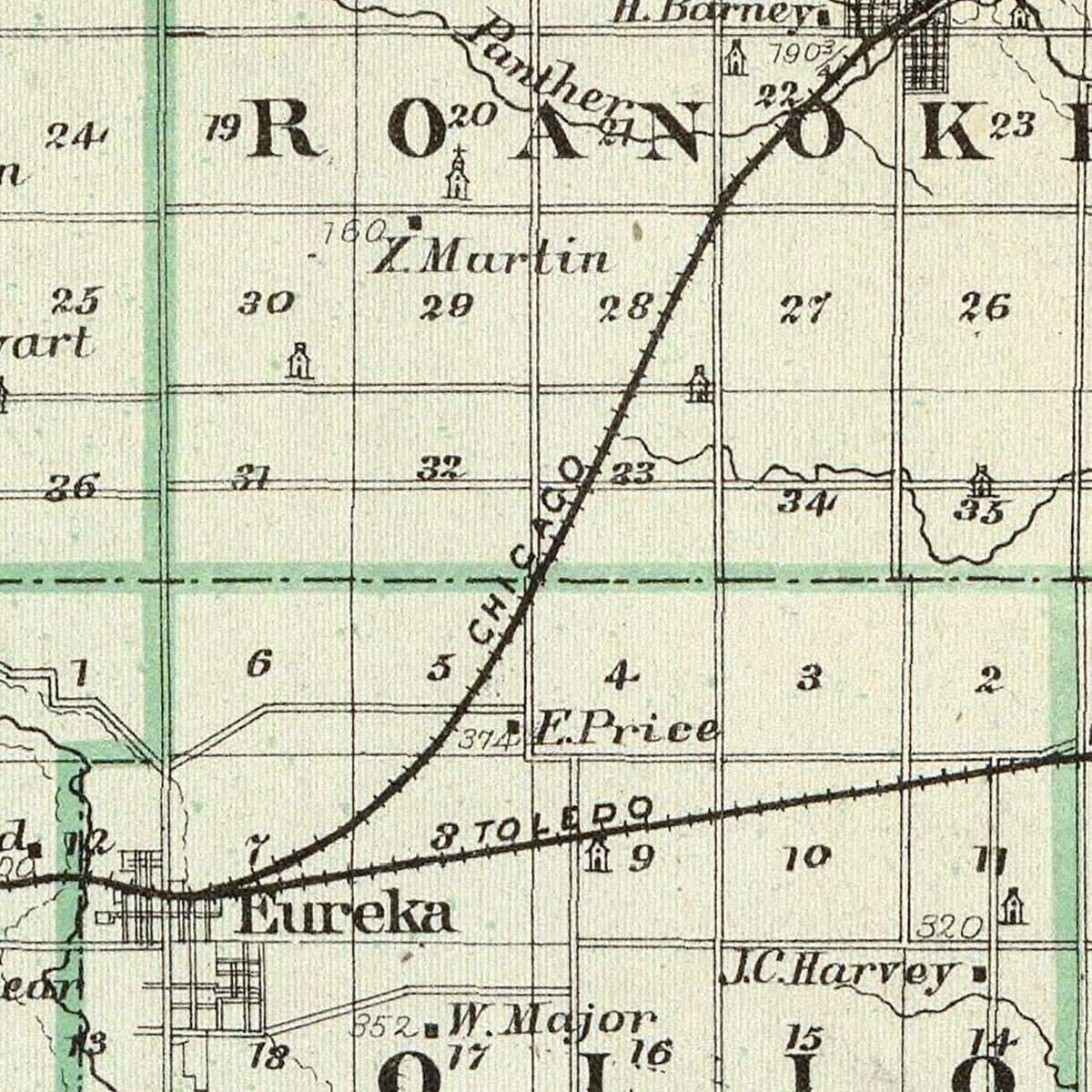 Restored historic details from the 1876 county map of Woodford County, Illinois