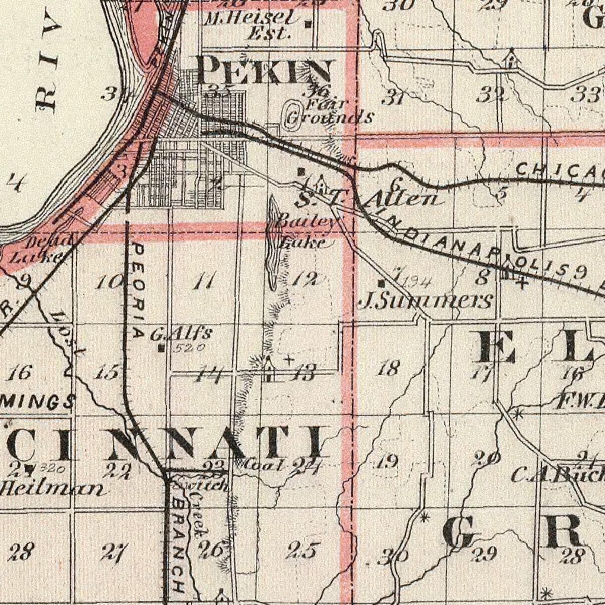 Restored historic details from the 1876 county map of Tazewell County, Illinois