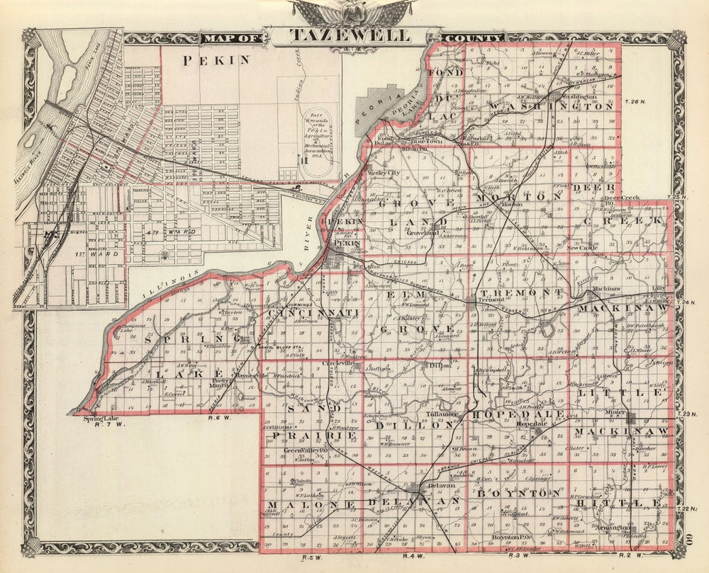 Vintage Map of Tazewell County, Illinois 1876 print style example