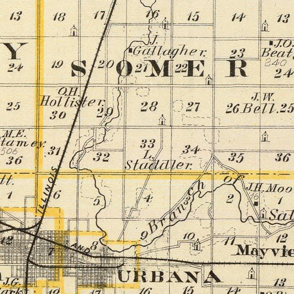 Restored historic details from the 1876 county map of Champaign County, Illinois