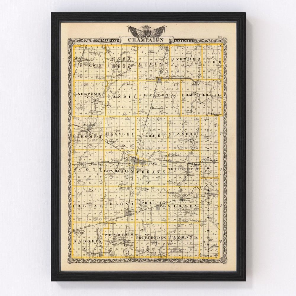 Champaign County Vintage Map 1876