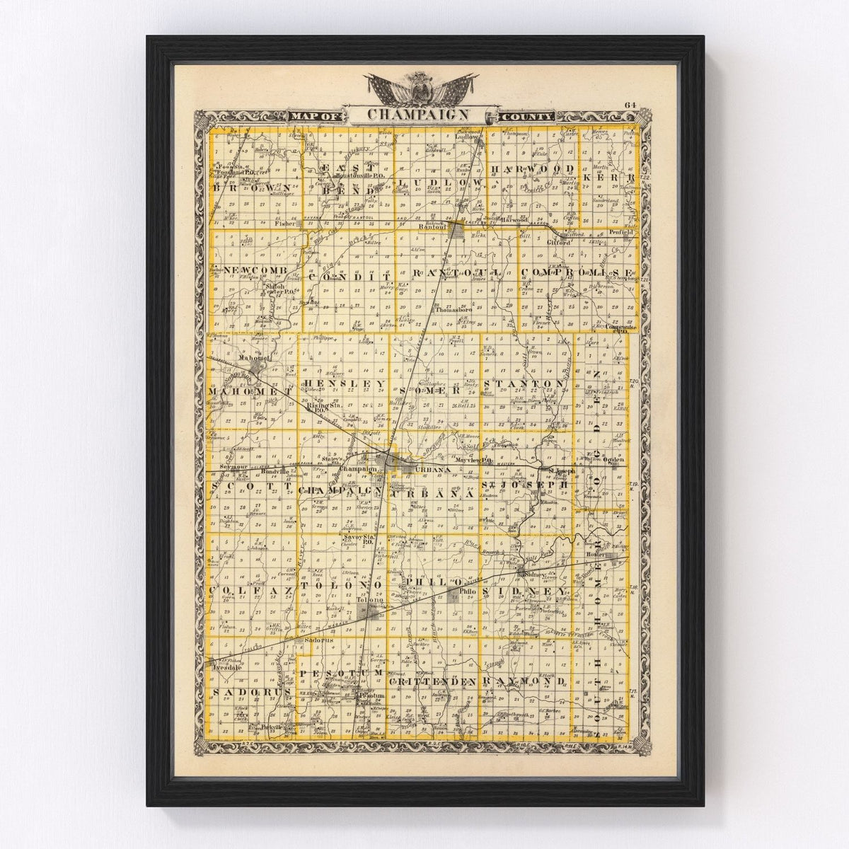 Champaign County Vintage Map 1876