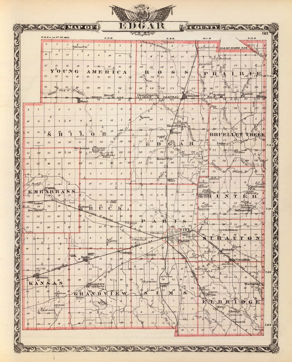 Vintage Map of Edgar County, Illinois 1876 print style example
