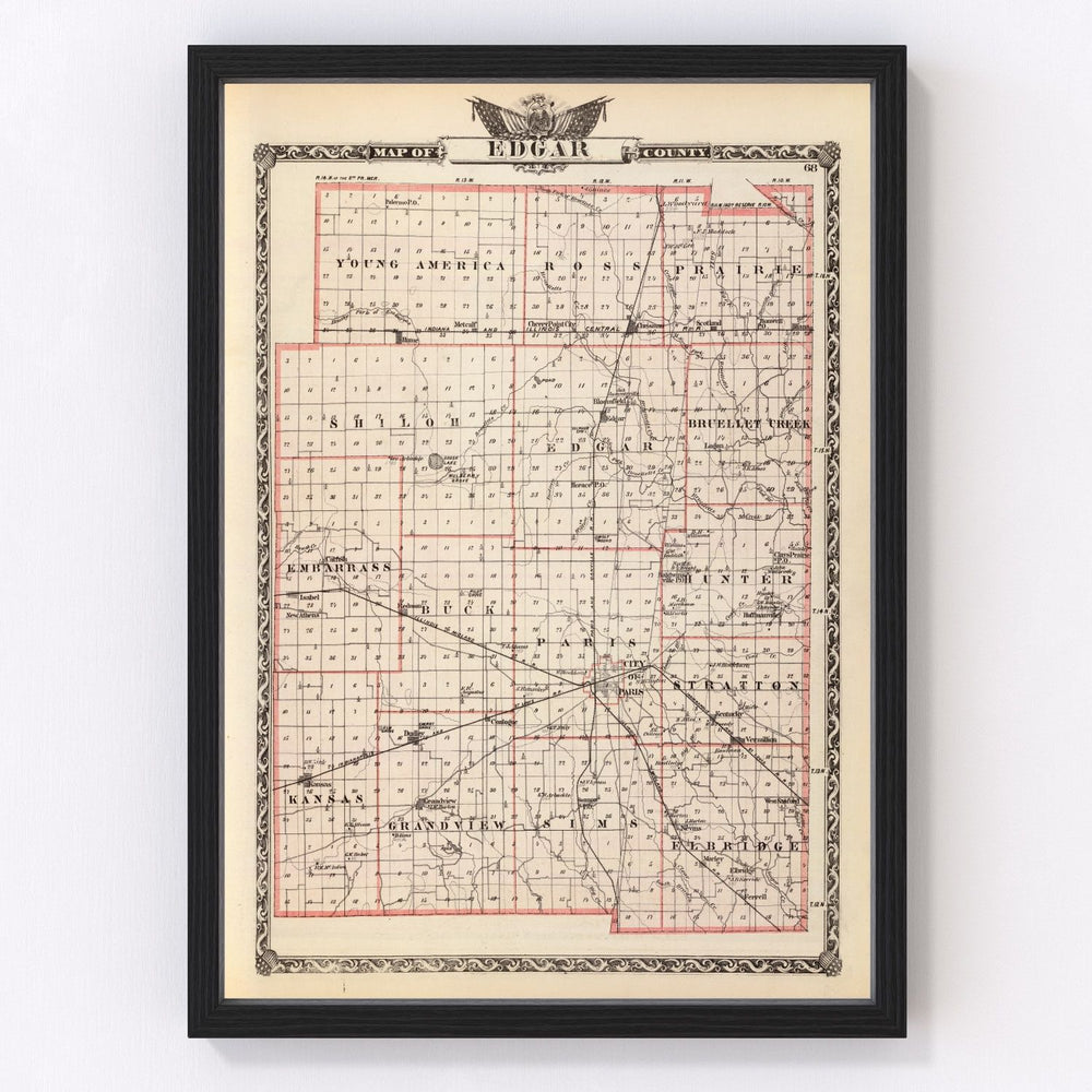 Edgar County Vintage Map 1876