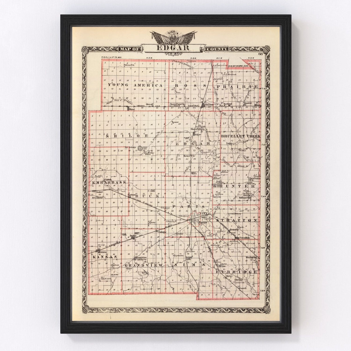 Edgar County Vintage Map 1876