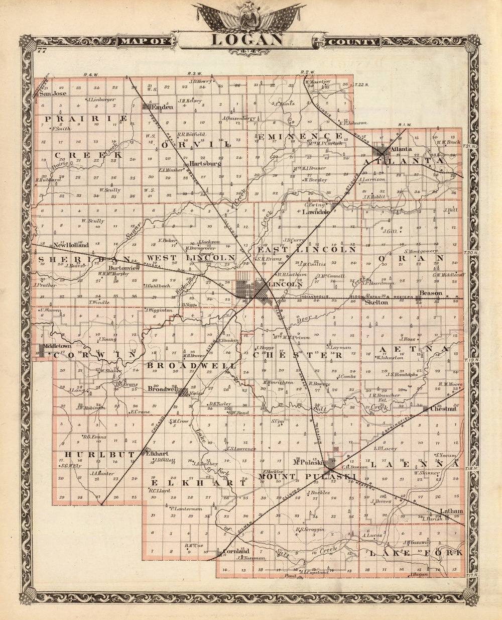 Vintage Map of Logan County, Illinois 1876 print style example