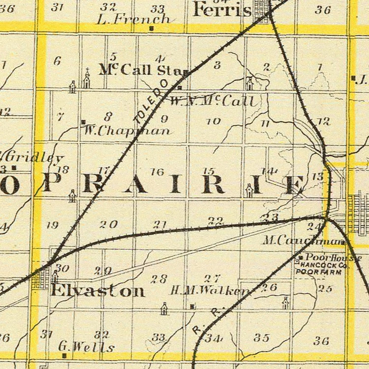 Restored historic details from the 1876 county map of Hancock County, Illinois