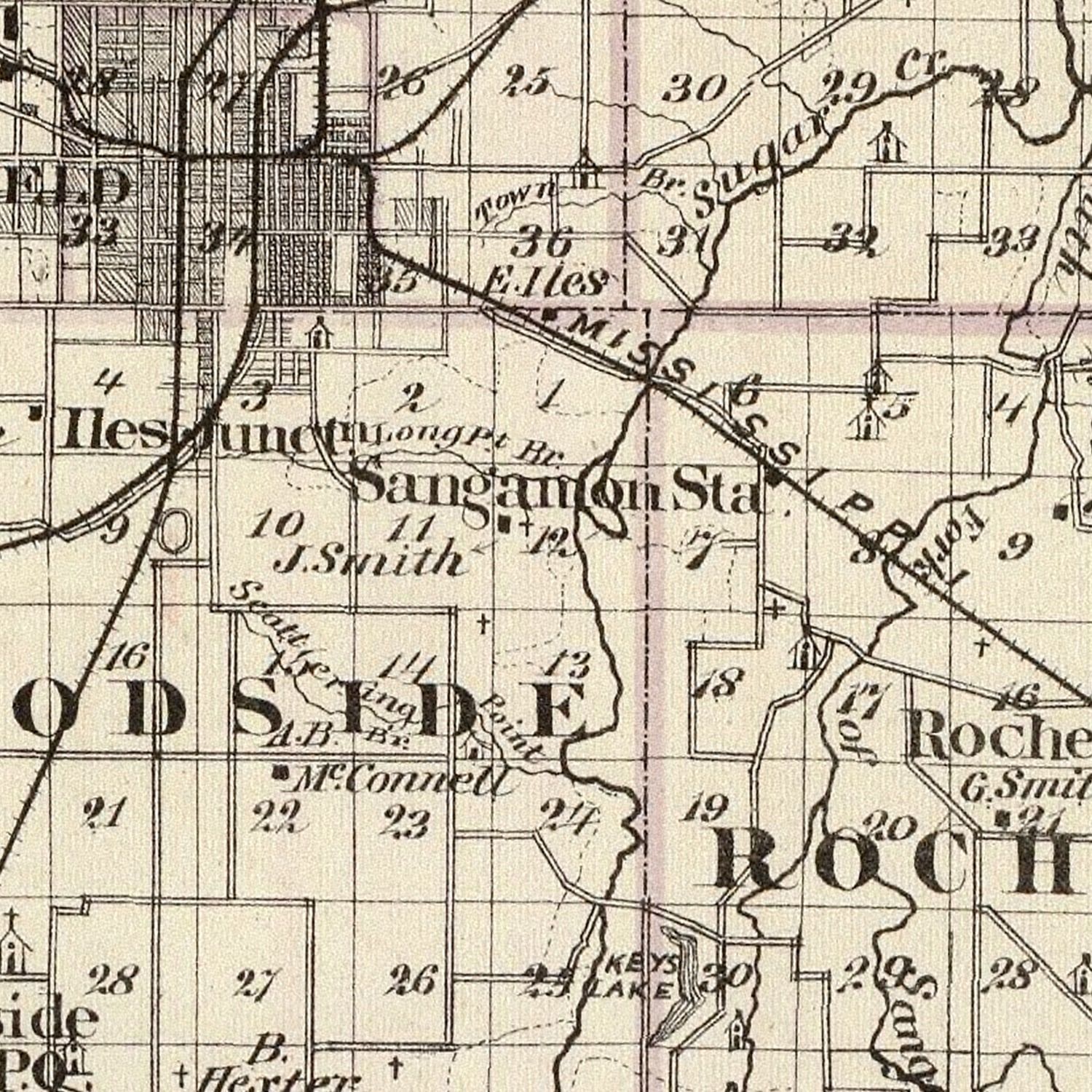 Restored historic details from the 1876 county map of Sangamon County, Illinois