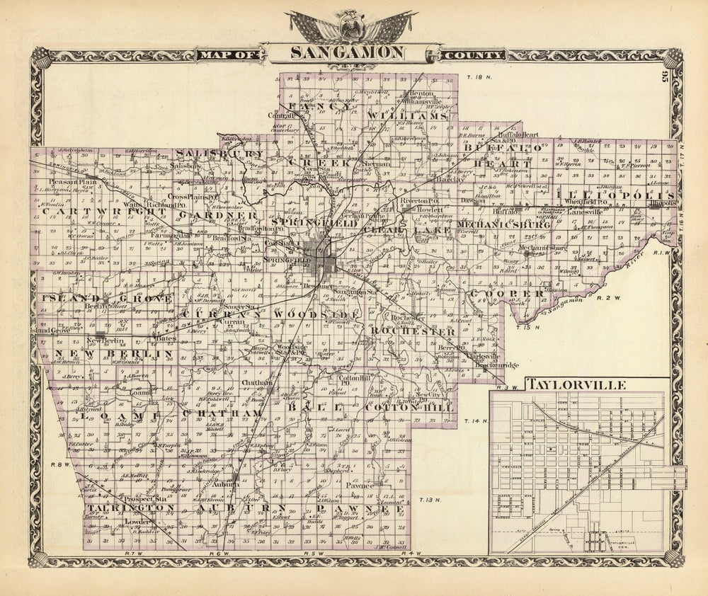 Vintage Map of Sangamon County, Illinois 1876 print style example