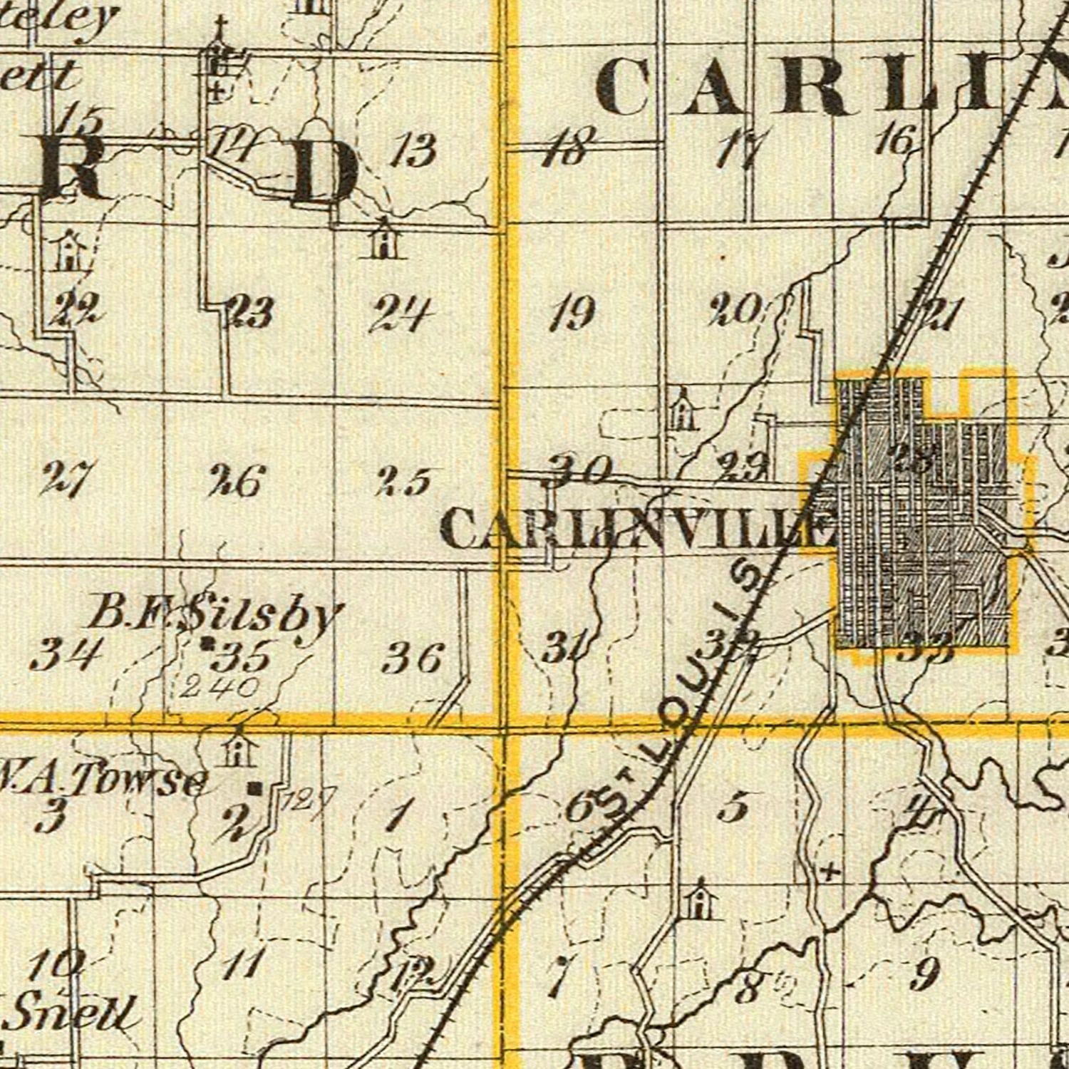 Restored historic details from the 1876 county map of Macoupin County, Illinois