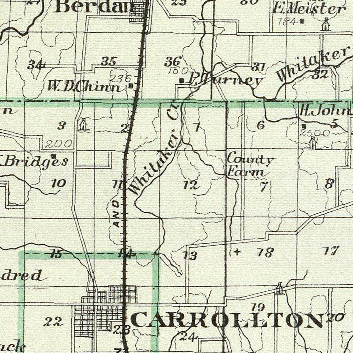 Restored historic details from the 1876 county map of Greene County, Illinois
