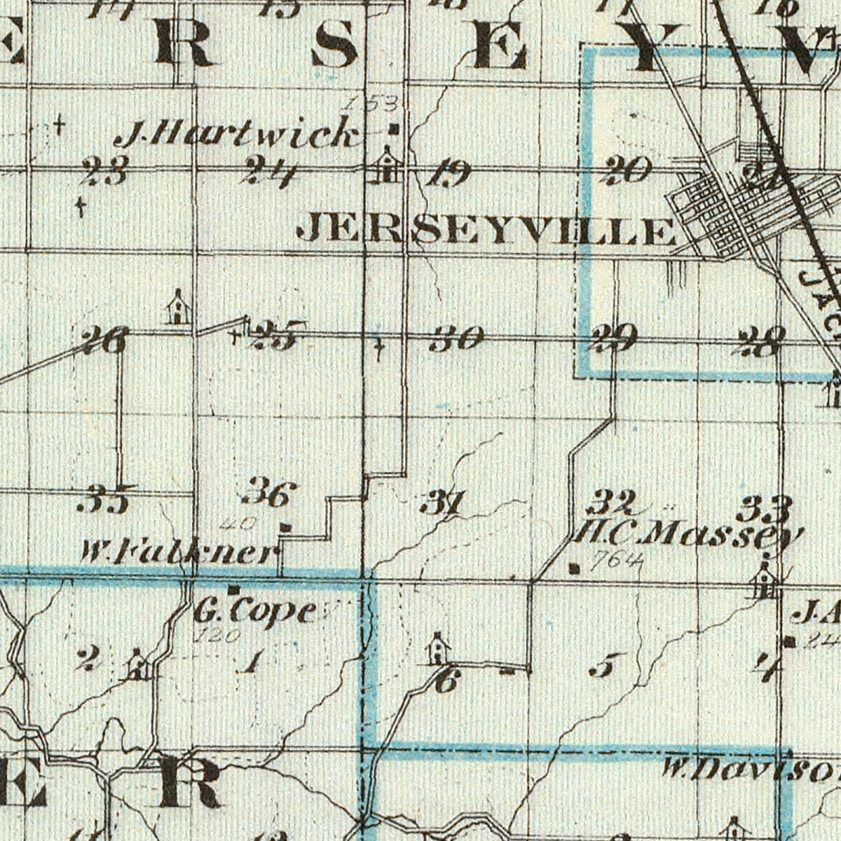 Restored historic details from the 1876 county map of Jersey County, Illinois