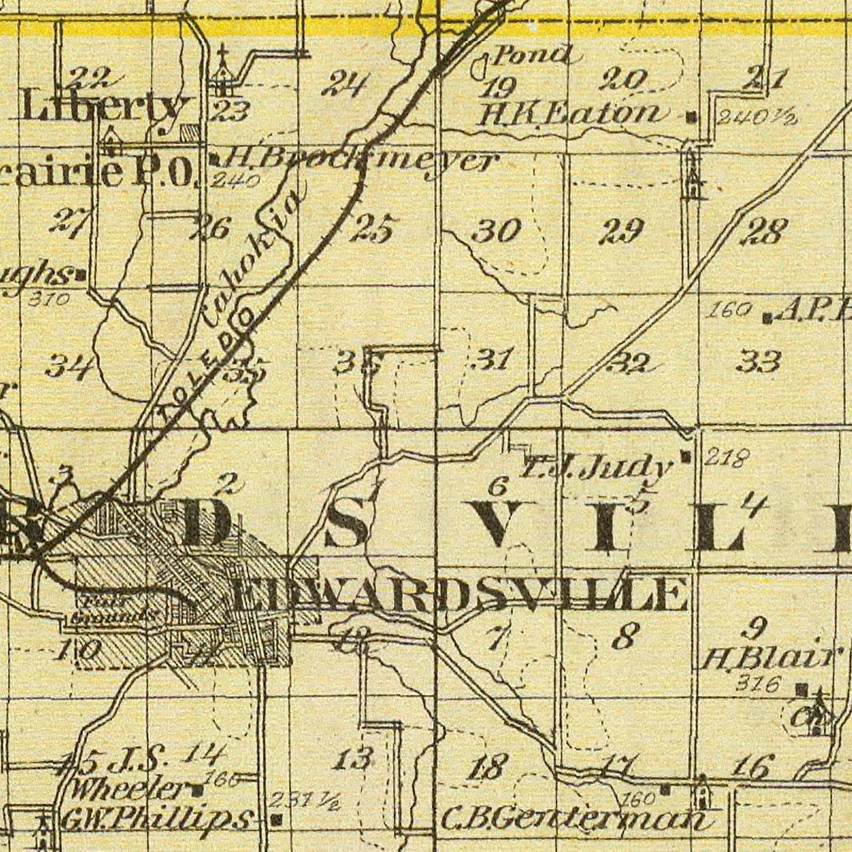 Restored historic details from the 1876 county map of Madison County, Illinois