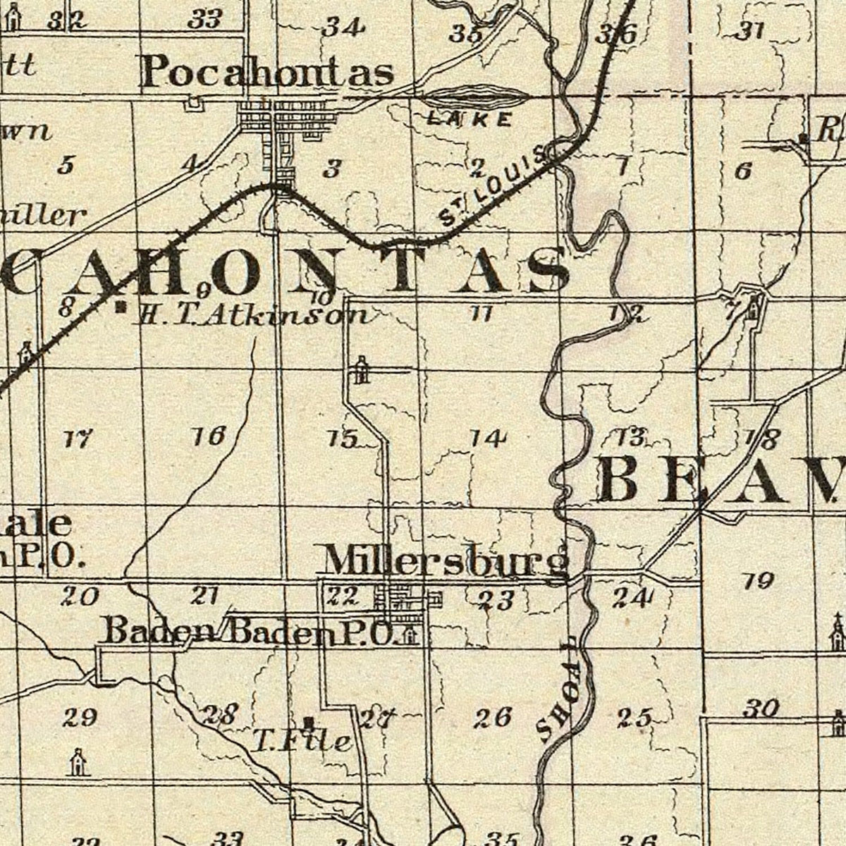 Restored historic details from the 1876 county map of Bond County, Illinois