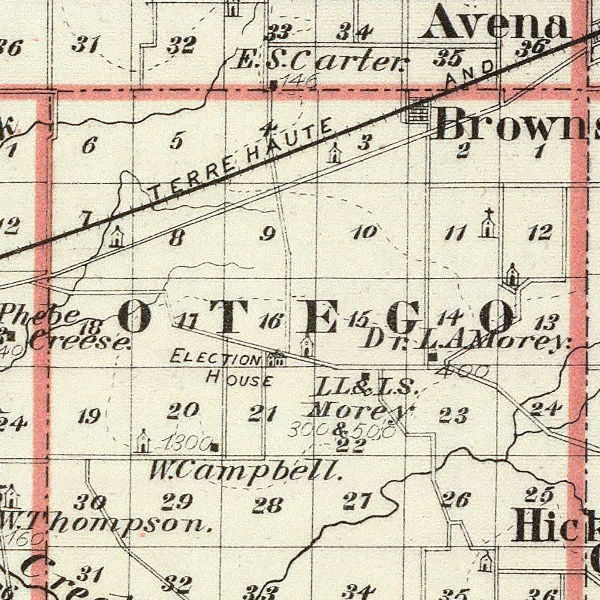 Restored historic details from the 1876 county map of Fayette County, Illinois