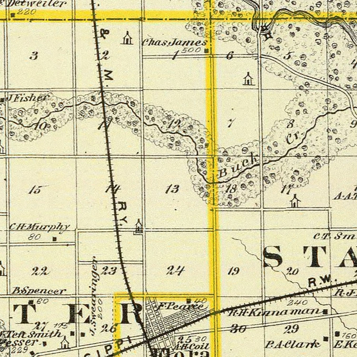 Restored historic details from the 1876 county map of Clay County, Illinois