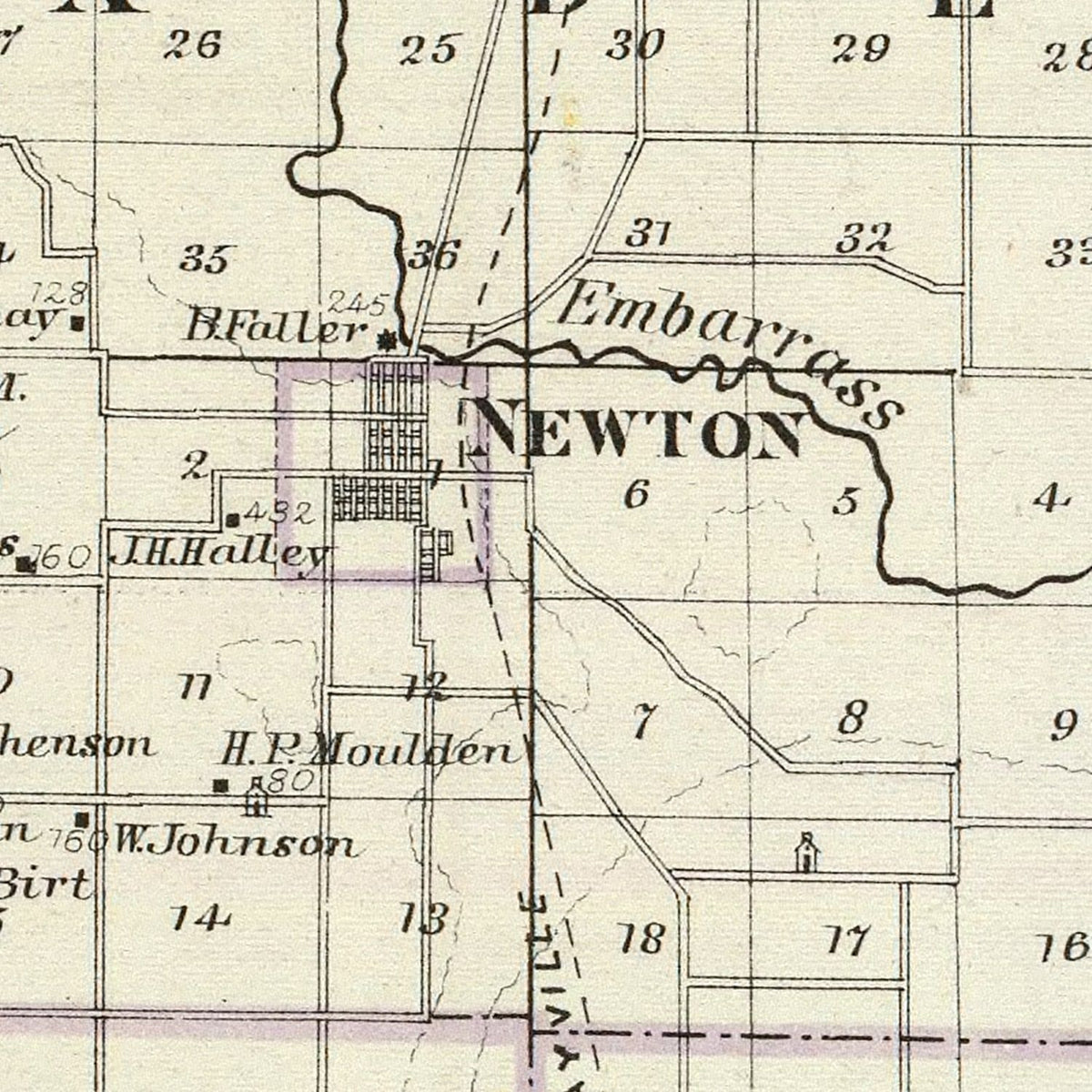 Restored historic details from the 1876 county map of Jasper County, Illinois