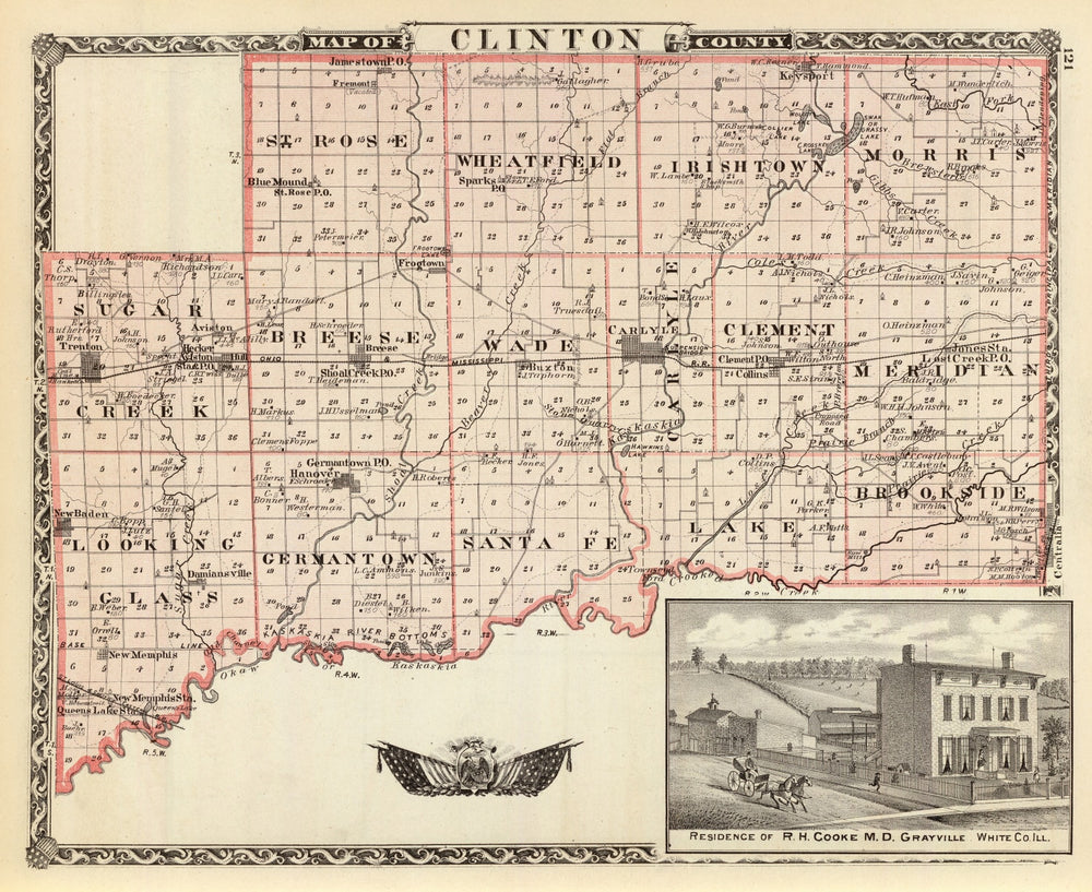 Vintage Map of Clinton County, Illinois 1876 print style example