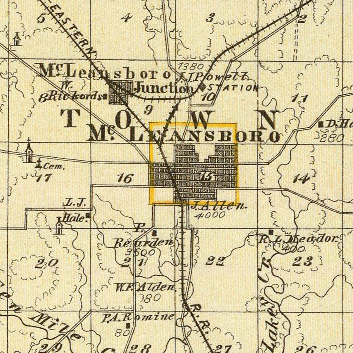 Restored historic details from the 1876 county map of Hamilton County, Illinois