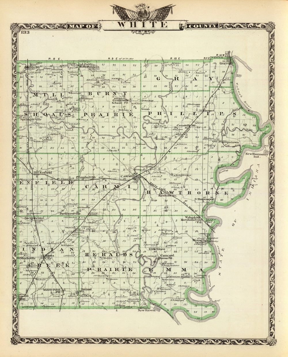 Vintage Map of White County, Illinois 1876 print style example
