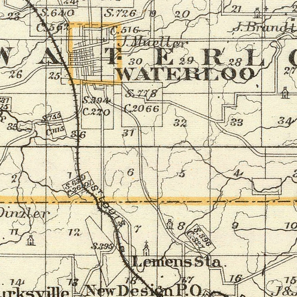Restored historic details from the 1876 county map of Monroe County, Illinois