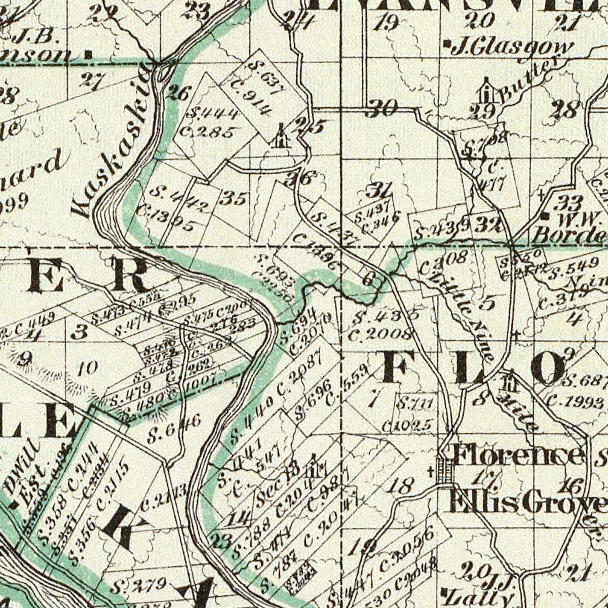 Restored historic details from the 1876 county map of Randolph County, Illinois